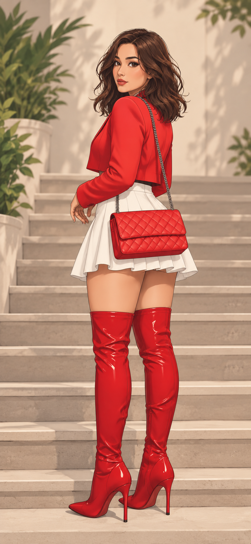 Illustrated adult photo example: red jacket boots